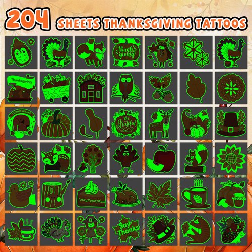 EMOME 204PCS Individually Wrapped Glow Thanksgiving Temporary Tattoo Stickers for Kids, Fall Festival Thanksgiving Games for Party Favors Decorations Supplies, Autumn Tattoos for Kids Girls Boys