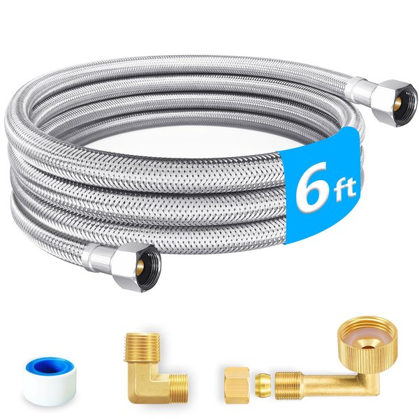 Dishwasher Installation Kit - 6 FT Premium Stainless Steel Braided Dishwasher Hose kit,Food Grade PEX Inner Tube Dishwasher Water Supply Line with 3/8"x3/8"MIP Elbow,3/8"x 3/4" FHT Elbow