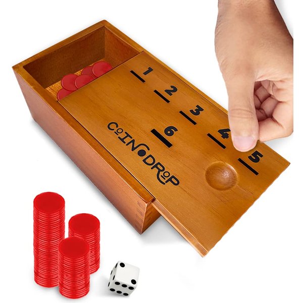 SWOOC Games - Coin Drop | Simple + Strategic Dice Games For Families with Coins Included For 2-6 Players | Works With Pennies Too | Get Rid Of Coins To Win | Board Games For Kids | Penny Game Wood Box