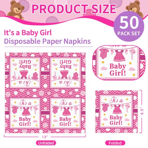 DYLIVeS Pink It's a Baby Girl Napkins, Baby Shower Dinner Napkins Disposable Paper Luncheon Cocktail Napkins for Baby Girl Shower Party Decorations Baby Shower Gender Reveal Supplies, 50 Pack, 3-Ply