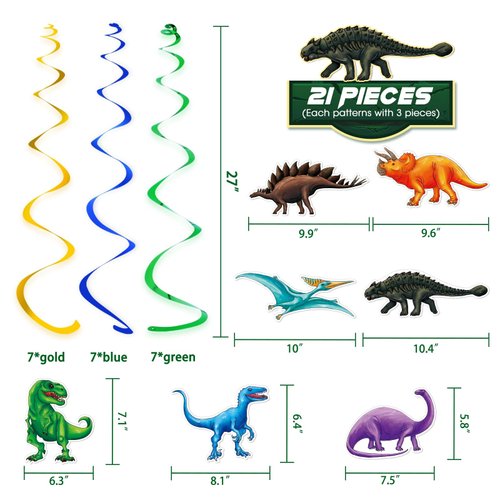 WERNNSAI Dinosaur Hanging Swirls - 21PCS Dinosaur Party Decorations for Birthday Party Ceiling Decorations for Kids Boys Themed Party Supplies Dino Party Favors Glitter Decor Hanging Streamers