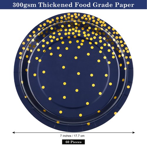 Aneco 60 Pieces 7 Inches Disposable Paper Plates Navy Blue Paper Plates Blue and Gold Foil Dot Dessert Plates Round Paper Plates for Wedding Bridal Shower Birthday Party Decorations