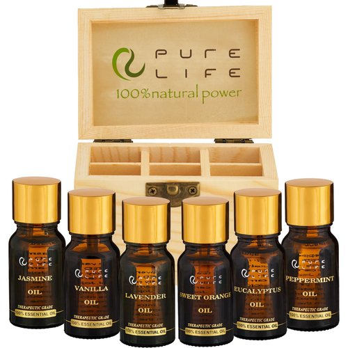 Pure Life Top Essential Oil Set for Diffuser Aromatherapy, 100% Organic Fragrance Oils for Humidifier at Home & Car, Fresh Grade Scents: Lavender, Peppermint, Eucalyptus, Orange, Vanilla & Jasmine.