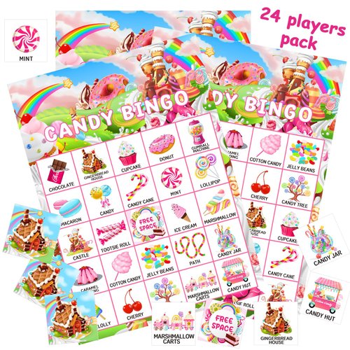 Shappy 35 Pieces Christmas Candy Bingo Games 24 Players Candyland Party Favors Xmas Candy Land Ice Cream Donut Lollipop Bingo Cards for Sweet Birthday Holiday Party Games Gifts Supplies
