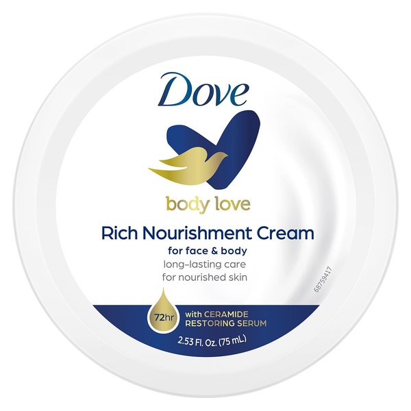 Dove Body Love Rich Nourishment Cream, Face, Hand & Body Lotion for Extremely Dry Skin, Fast-Absorbing 72-Hour Moisturizing Cream with Ceramide Serum, Travel Size, 2.53 Oz