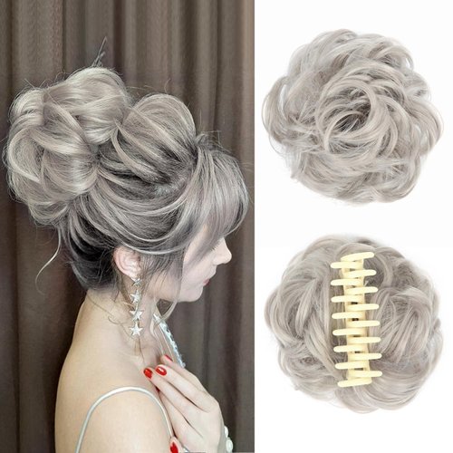 Claw Clip Messy Bun Hair Piece for Women, Wavy Curly Hair Bun Claw Clip, Synthetic Chignon Claw Clip Ponytail Extension（Light Grey#）