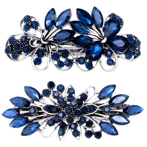 CustomyLife 2pcs 3.35inch Vintage Crystal Hair Barrettes, Sapphire Blue Bun Updo Hair Clips, Spar...