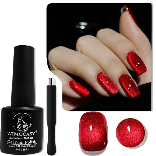 Wimocacy Cat Eye Gel Nail Polish Holographic Glitter Gel Polish Magnetic Nail Polish with Magnet for Salon Nail Art Home DIY (Ruby Red)
