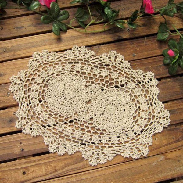 Phantomon Lace Doilies Handmade Crochet Placemats Cotton Doilies Cloth Lace, Pack of 4, Oval Shape, 10 x 14 inch (Beige)