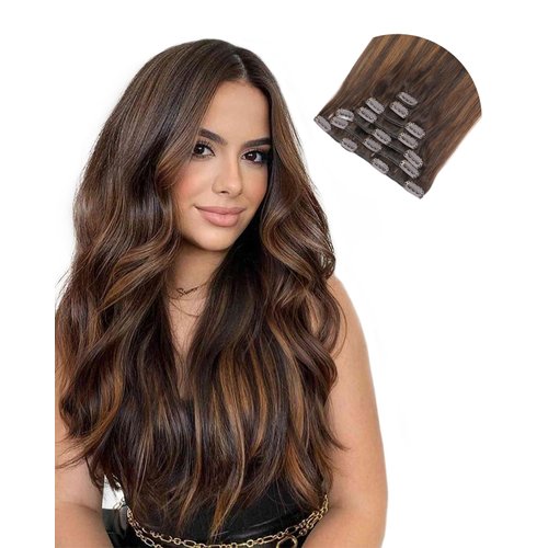 Missme Clip In Hair Extensions Real Human Hair,20in 120g 7pcs 16 Clips On Hair Extensions 100% Real Human Balayage Dark Brown Mixed Chestnut Brown Hair For Women