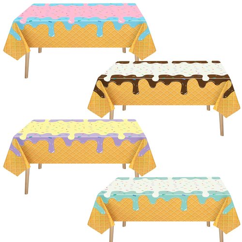Hokoad Ice Cream Party Supplies, Ice Cream Disposable Tablecloth Waterproof Plastic Rectangular Table Cover for Happy Birthday Party Decorations, 4 Pack, 54 x 108 inch