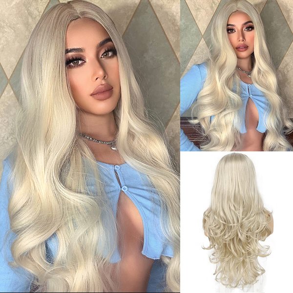 BABEHERS Blonde Lace Front Wigs 13x3 Synthetic Long Wavy Wigs for Black Women pre plucked Synthetic Lace Front Wig Wave Heat Resistant Hair Replacement Wigs 150% Density 24 inch