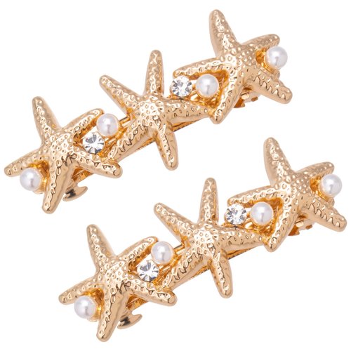 HINZIC 2Pcs 2.6inch Starfish Hair Clips Gold Crystal Rhinestone Pearl Hair Barrettes Sparkly Mermaid Seastar Halloween Christmas Wedding Prom Accessories for Women