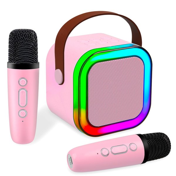 Mini Karaoke Machine, Portable Bluetooth Speaker with 2 Wireless Microphone, Toys for 3-12 Years Old Boys Gifts, Kids Karaoke Microphone Machine Toy for Party/Meeting/Adults/Kids (Pink)