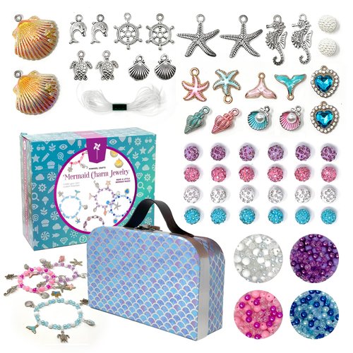 Pinwheel Crafts Mermaid Charm Bracelet Making Kit with Handle Storage Case - DIY Kids Jewelry Making Kit for Girls 8-12 - Birthday Gift & Craft Supplies for Friends & Teens with Beads, Ocean Charms