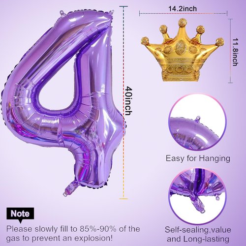 Purple 4 Balloon 40 Inch,Giant Number 4 Balloon & Mini Crown Balloon Set for Girl Boy 4th Birthday Party Decorations,Purple Birthday Party Decorations Supplies Birthday Digital Balloon