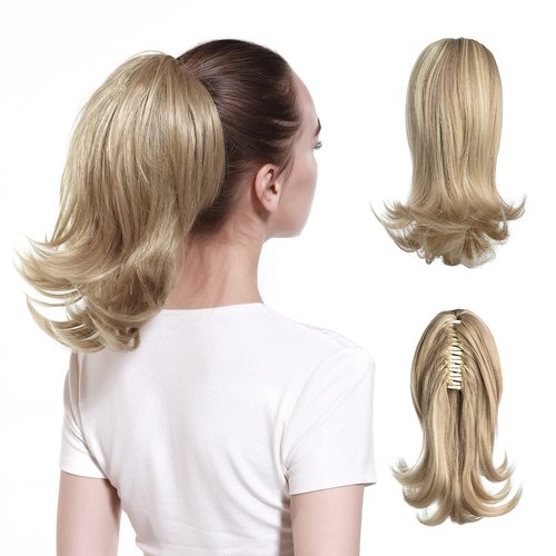 CJL HAIR Short Claw Clip Bonde Ponytail Hair Extension Drawstring Fake Hairpiece Curly Synthetic Faux Jaw Updo Wavy Pony Tails 12" Heat Friendly Fiber Hair Piece for White Women Girls Kids