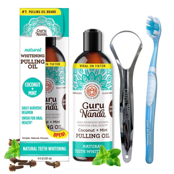 GuruNanda Coconut Oil Pulling with 7 Essential Oils and Vitamin D3, E, K2 (Mickey D), Helps with Fresh Breath, Teeth & Gum Health & More (8 fl oz)