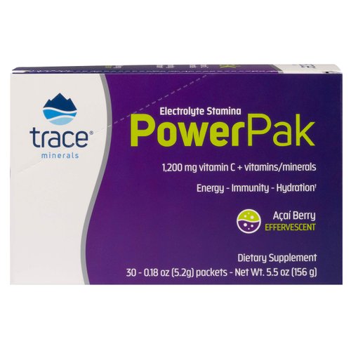 Trace Minerals | Power Pak Electrolyte Powder Packets | 1200 mg Vitamin C, Zinc, Magnesium | Boost Immunity, Hydration and Natural Energy | Acai Berry | 30 Packets