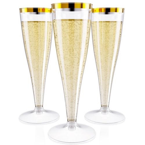 JOLLY CHEF 36 Count Plastic Champagne Flutes 4.5 oz Gold Rim Clear Disposable Toasting Glasses