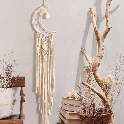 Dremisland Macrame Woven Wall Hanging Moon Dream Catcher with Natural Crystal Stone- Boho Chic Bohemian Home Decor Wall Art Decor with String Lights - Beautiful Apartment Dorm Room Door Decoration