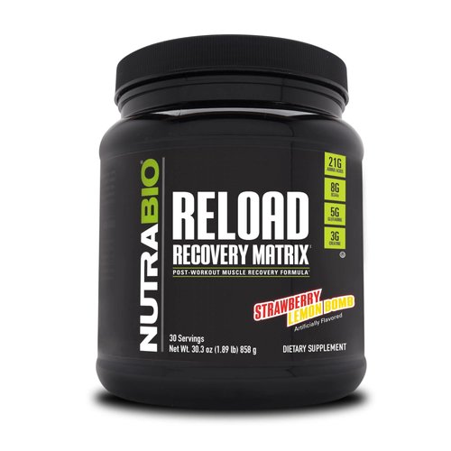 NutraBio Reload - Powerful Muscular Recovery Formula - Post-Workout Supplement - 3G Creatine - 8G BCAAs - 5G Glutamine - 30 Servings, Strawberry Lemon Bomb