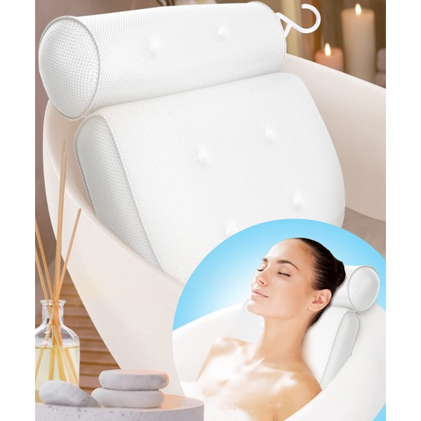 Bathtub Pillow for Neck and Back Support with 6 Non-Slip Suction Cups & Drying Hook - Machine Washable Bath Tub Pillow Headrest for Standard, Soaking & Straight Back Tubs - Bath Accessories for Women