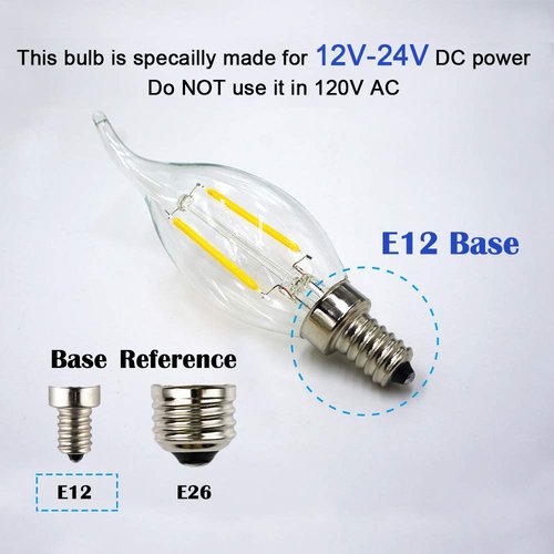 OPALRAY AC/DC 12V Low Voltage LED Candelabra Bulb, 2W 200Lm, Dimmable with DC Dimmer, Warm White Light, E12 Base, Clear Glass Flame Tip, 25W Incandescent Replacement, for 12 Volts Power, 3 Pack
