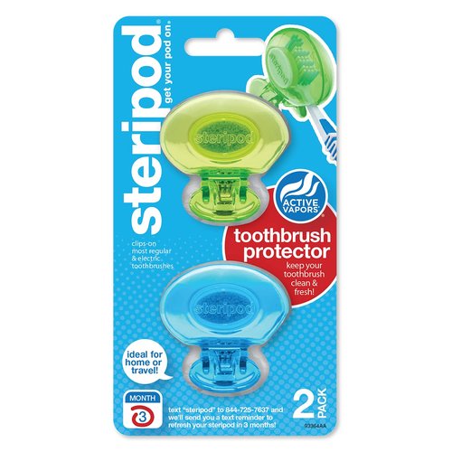 Steripod Clip-On Toothbrush Protector, Green and Blue, 2 Count