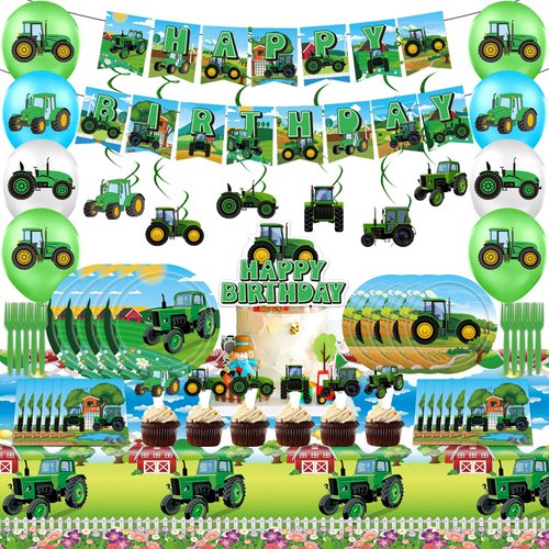 Tractor Birthday Party Supplies,Farm Party Themed Decorations & Tableware Set,Includes Plates,Napkins,Table Covers,Balloons,Swirls and Birthday Banner more,Ideal for Barnyard or Farm Theme Party