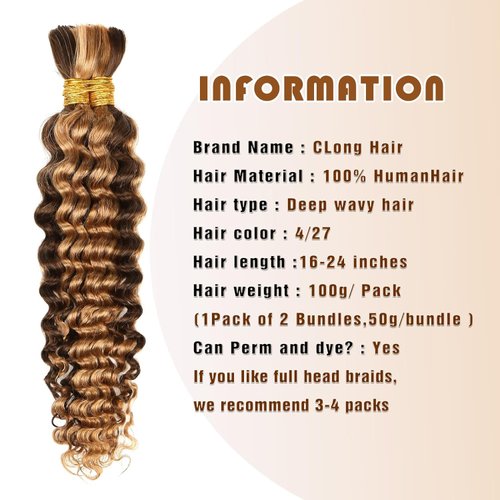 Human Braiding Hair 24 Inch Deep Wave Bulk P4/27 Human Hair for Braiding No Weft 2 Bundles 100g Curly Human Hair for Boho Braids 100% Unprocessed Brazilian Virgin Hair for Human Hair Extensions