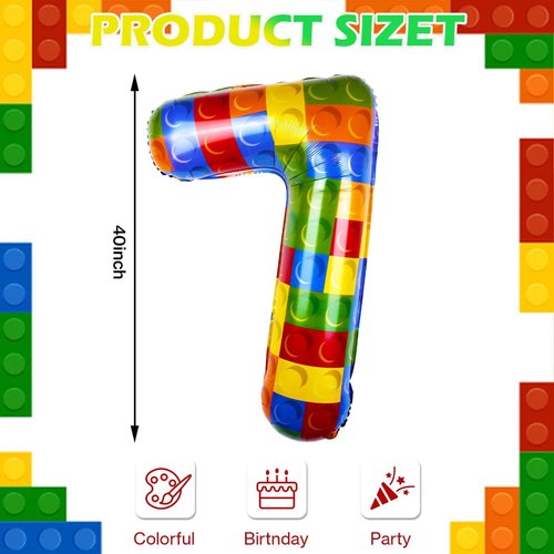 40 Inch Building Block Number Balloon, Number 7 Balloons Colorful Number Block Foil Balloons Big Helium Balloon Numbers for Girls Boys Birthday Brick Theme Party Decorations (Number 7)