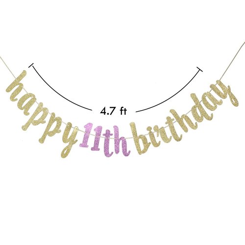Happy 11th Birthday Banner for 11th Birthday Party Decorations (Gold & Pink)