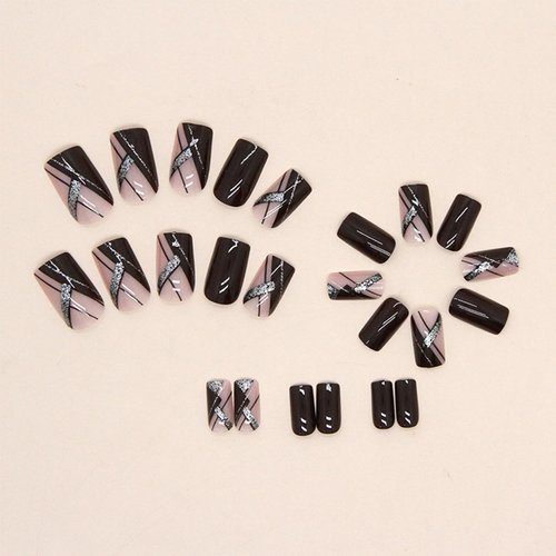 Red Press on Nails Medium Fake Nails Square Glue on Nails Wine Red False Nails with Design Silver Glitter Lines Reusable Artificial Nails Acrylic Stick on Nails for Women Girls 24 Pcs