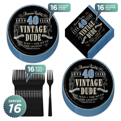 Old Man Vintage Dude Party Supplies - 40th Milestone Birthday Dessert Plates and Napkins (Serves 16)