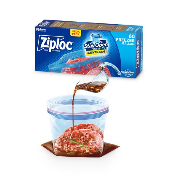 Ziploc Gallon Food Storage Freezer Bags, Stay Open Design with Stand-Up Bottom, Easy to Fill, 60 Count