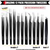Antonki Tweezers, Precision Tweezers Set, Craft Tweezer Kit, Soldering Tweezers, Jewelry Tweezers, Pointed Ingrown Hair Tweezers, Eyelash Extension Tweezers, Eyebrow Tweezers - 12 Pack with Case