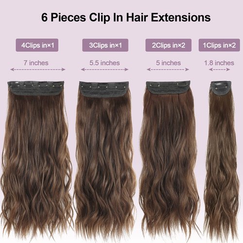 Fashion Line Clip in Hair Extensions for Women 6PCS Thick Full Head Natural Wavy Clip in Extensions Chestbut Brown Synthetic Long Double Weft Hair Hairpieces 20 inch (220Gram,Chestbut Brown)