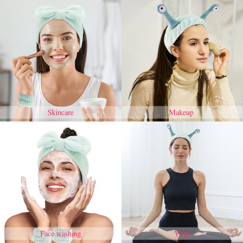 Atoden Spa Headband and Wristband Set Skincare Headband Makeup Headband Bowknot Snail Headbands Wrist Bands for Washing Face Cute Animal Face Wash Headband for Women Girls (Green)