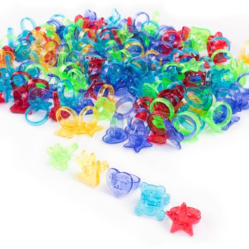 Super Z Outlet Colorful Assorted Plastic Glitter Toy Rings | Bag of 144 Rings (Hearts, Bears, Stars, Hands & Flowers) | Use As Party Favors, Cake Toppers, in Goody Bags, Piñatas, Arts, Crafts & More