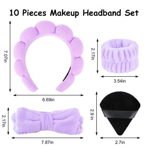 Ondder 10 Pcs Spa Headband and Wristband Set with Poder Puffs Spa Headband for Washing Face Makeup Headbands Purple Bubble Headband Skin Care Face Wash Sponge Puffy Head Bands Headband for Women Girls
