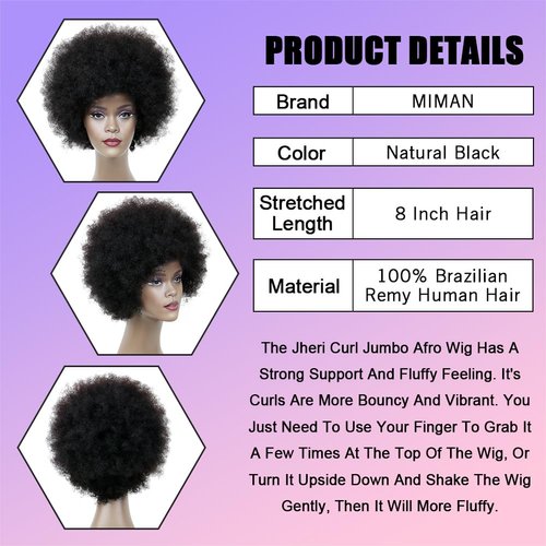 MIMAN Short Afro Wigs for Black Women Human Hair Black Wig Natural Kinky Curly Hair Replacement Wigs 60s 70s Disco Queens Halloween Costume Wig
