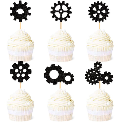 Ercadio 24 Pack Robot Gears Cupcake Toppers Black Cartoon Robot Gears Cupcake Toppers Picks Robot Gear Happy Birthday Cake Decor for Robot Theme Boys Birthday Baby Shower Party Supplies