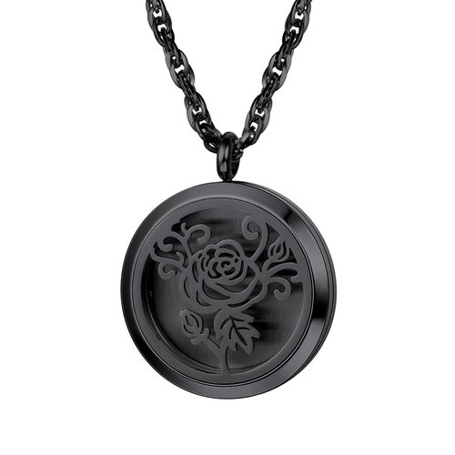 Diffuser Aromatherapy Necklace,Perfume Locket Pendant Charm,Delicate Rose Flower Hot Women Jewelry,Black Stainless Steel