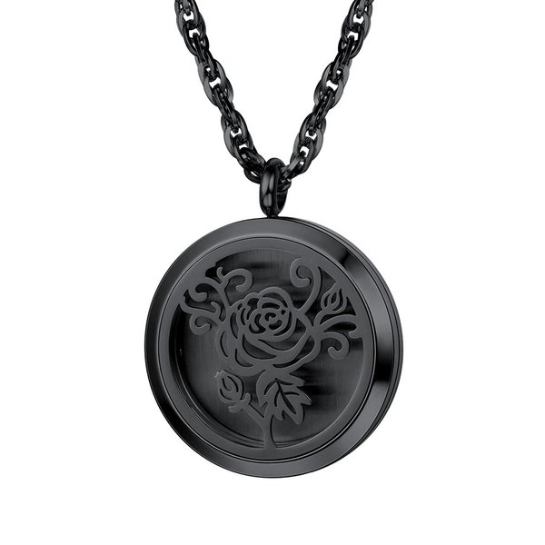 Diffuser Aromatherapy Necklace,Perfume Locket Pendant Charm,Delicate Rose Flower Hot Women Jewelry,Black Stainless Steel