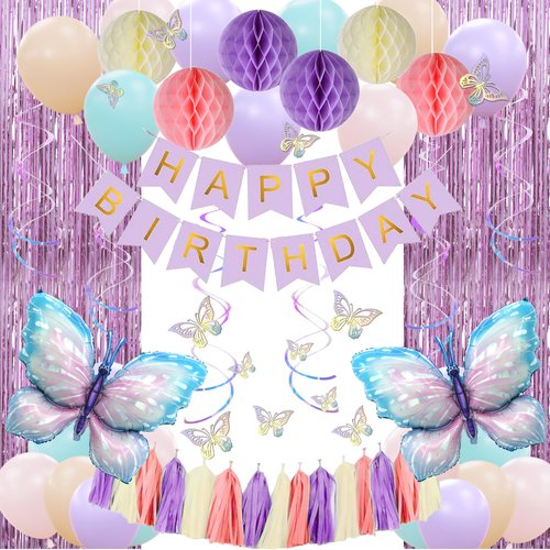 Amandir Purple Birthday Decorations for Girls Women, Pastel Pink Purple Blue Butterfly Foil Balloons Happy Birthday Banner Fringe Curtains Honeycomb Balls Paper Tassels Summer Spring Party Supplies