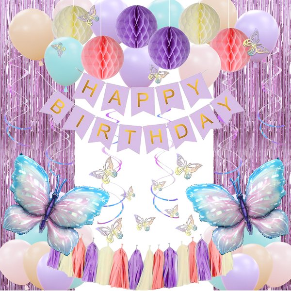 Amandir Purple Birthday Decorations for Girls Women, Pastel Pink Purple Blue Butterfly Foil Balloons Happy Birthday Banner Fringe Curtains Honeycomb Balls Paper Tassels Summer Spring Party Supplies