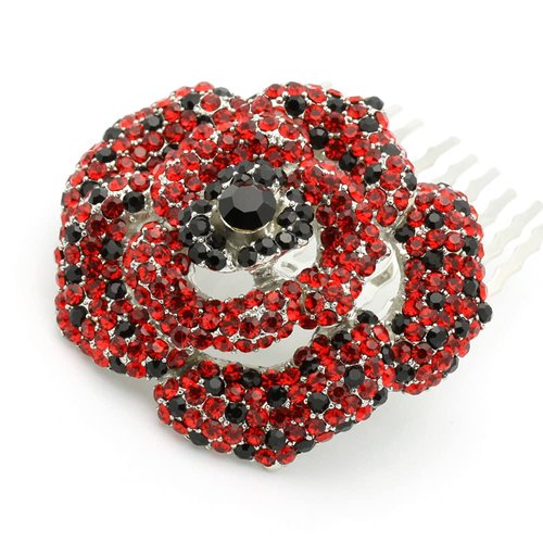 Medium Decorative Hair Comb Rhinestone Crystal Rose Bridal Hair Comb, Red