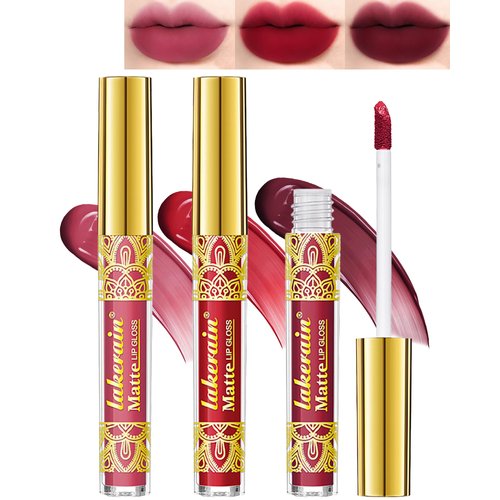 Matte Lipstick Kit-3Pcs Pink Ruby Red Plum Lipcolor Lip Tint Stain Lip Gloss,Longlosting Waterproof Lipstain Lipgloss,Christmas Makeup Gift for Women labiales mate magicos 24 horas originales-Set 02