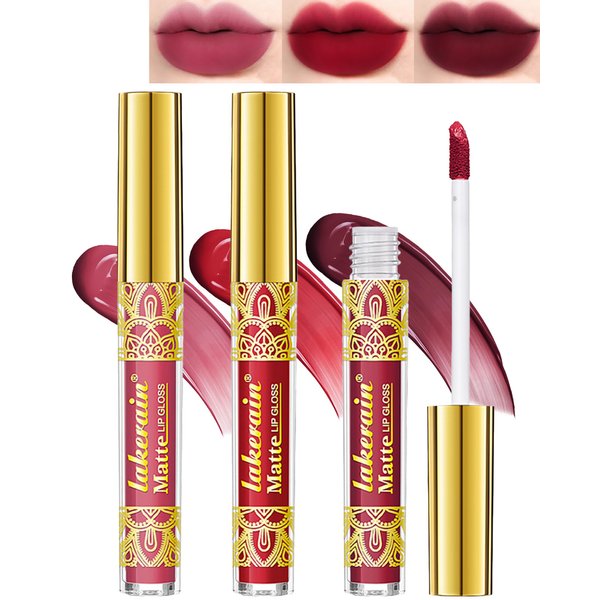 Matte Lipstick Kit-3Pcs Pink Ruby Red Plum Lipcolor Lip Tint Stain Lip Gloss,Longlosting Waterproof Lipstain Lipgloss,Christmas Makeup Gift for Women labiales mate magicos 24 horas originales-Set 02